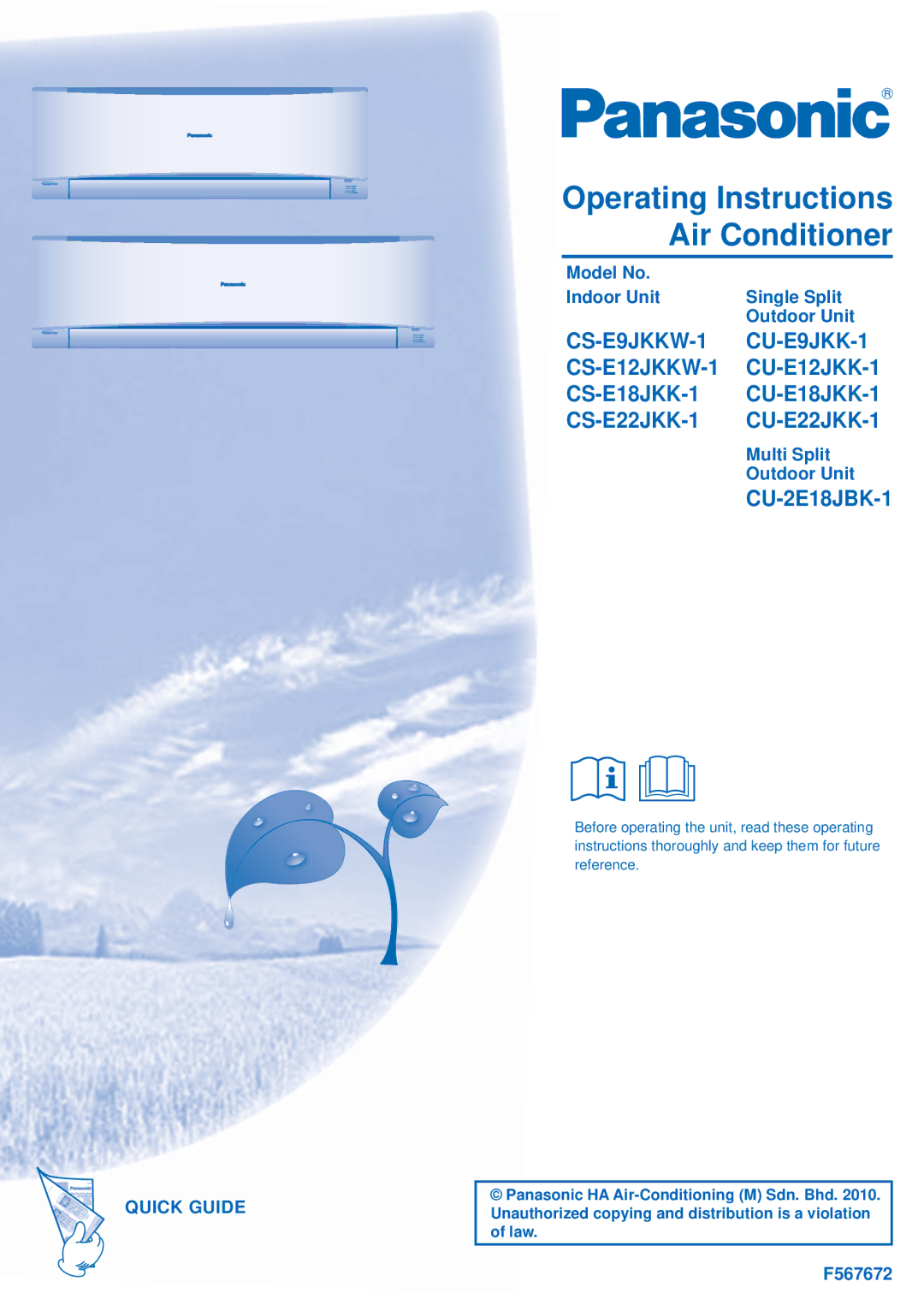 Panasonic CU-E18JKK-1 manual Quick Guide, Model No Indoor Unit Single Split Outdoor Unit, Multi Split Outdoor Unit 