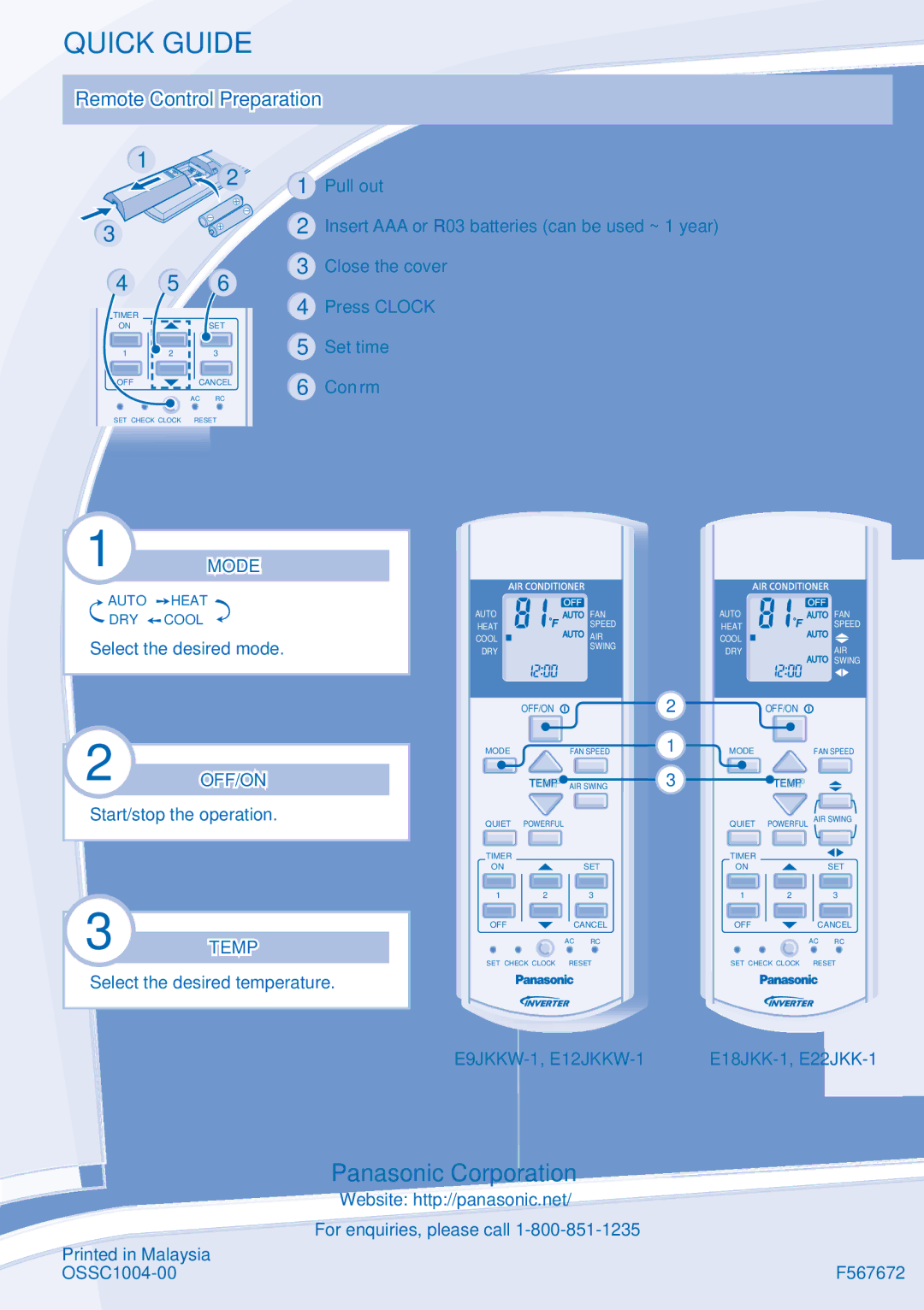 Panasonic CU-E9JKK-1, CU-E12JKK-1, CU-E18JKK-1 manual Quick Guide, Mode, Off/On, Temp, E9JKKW-1, E12JKKW-1 E18JKK-1, E22JKK-1 