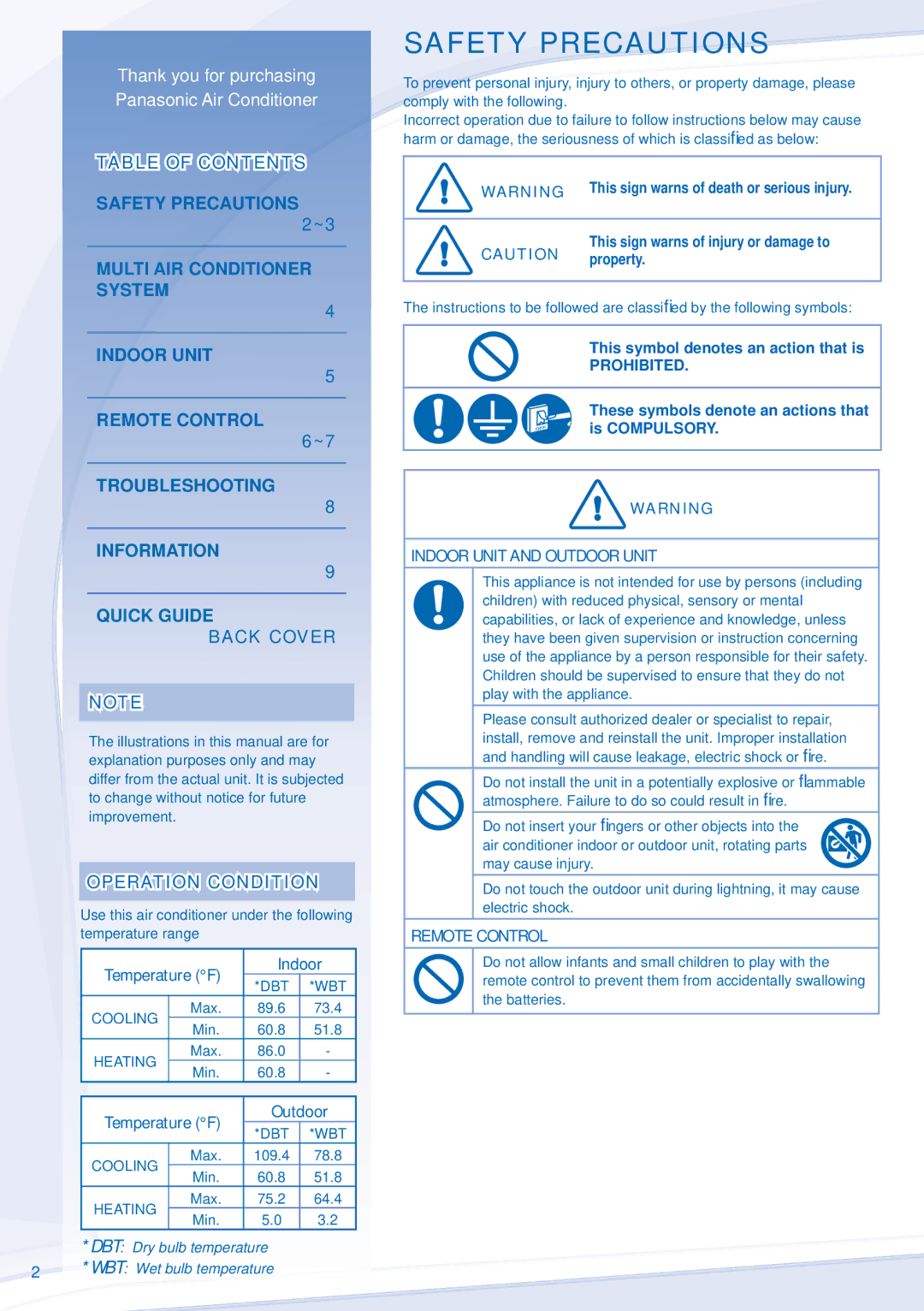 Panasonic CU-E22JKK-1, CU-E12JKK-1 Safety Precautions, Operation Condition, Temperature F Indoor, Temperature F Outdoor 