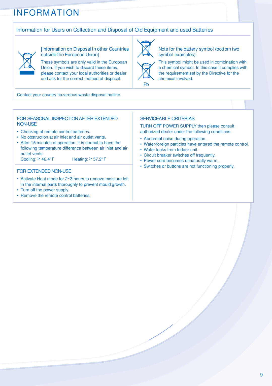 Panasonic CU-E12JKK-1 Information, Outside the European Union Symbol examples, For Extended NON-USE, Serviceable Criterias 