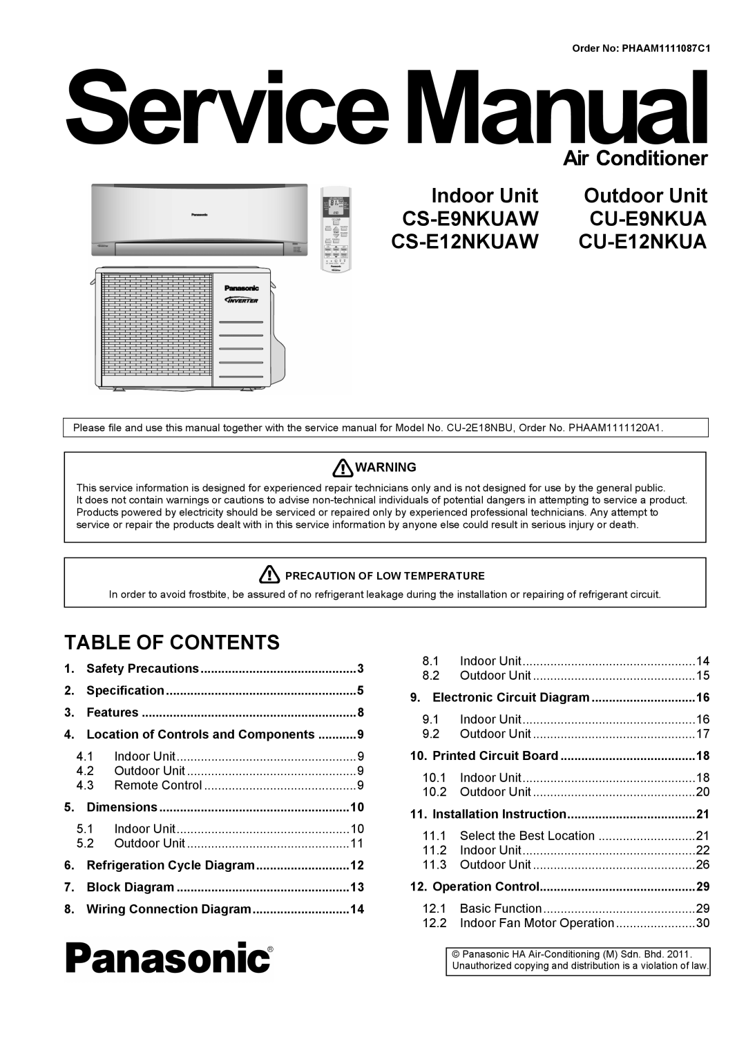 Panasonic service manual CS-E9NKUAW CU-E9NKUA CS-E12NKUAW CU-E12NKUA 