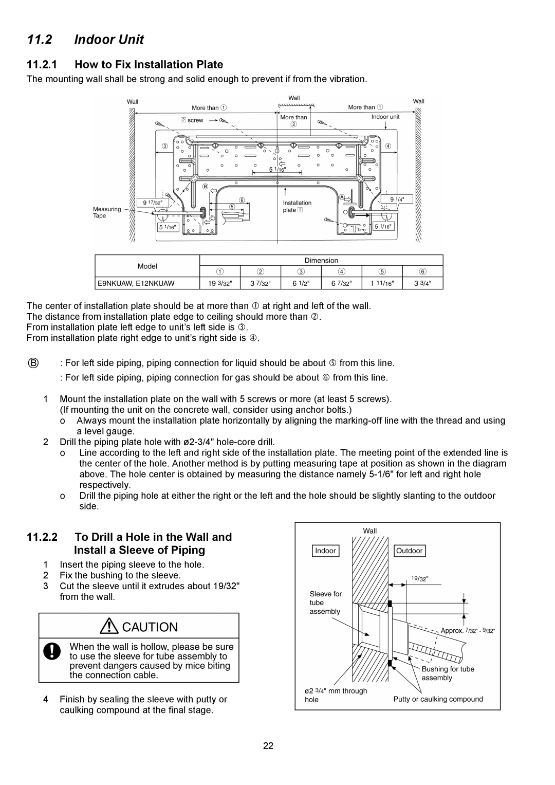 Panasonic CS-E9NKUAW, CU-E12NKUA How to Fix Installation Plate, To Drill a Hole in the Wall and Install a Sleeve of Piping 