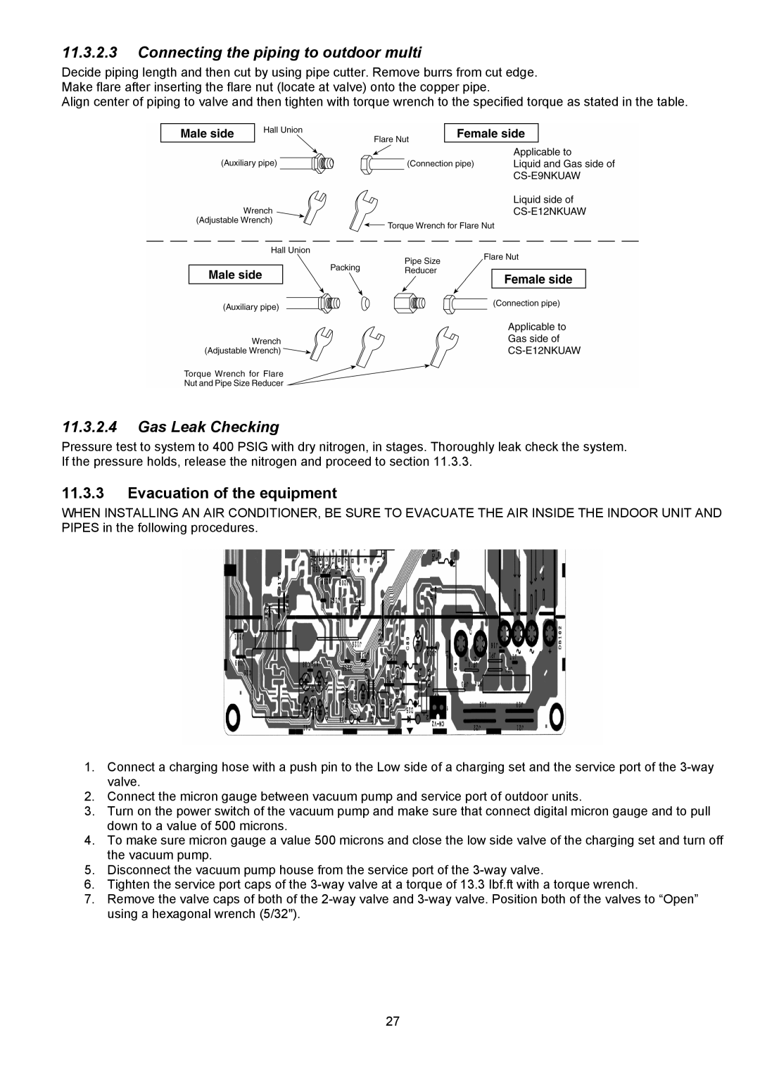 Panasonic CS-E12NKUAW, CU-E12NKUA, CU-E9NKUA, CS-E9NKUAW Connecting the piping to outdoor multi, Evacuation of the equipment 