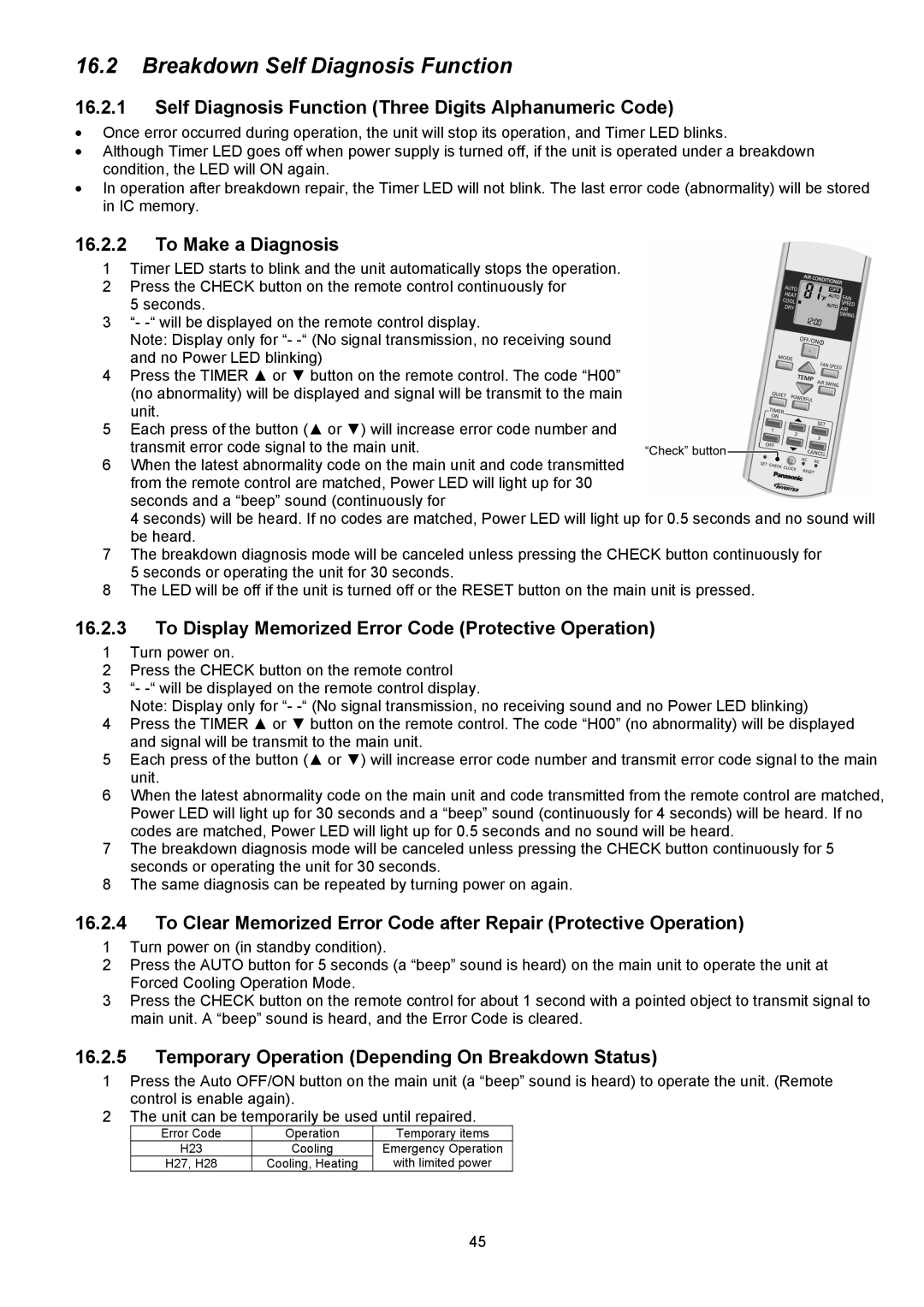 Panasonic CU-E9NKUA, CU-E12NKUA Breakdown Self Diagnosis Function, Self Diagnosis Function Three Digits Alphanumeric Code 