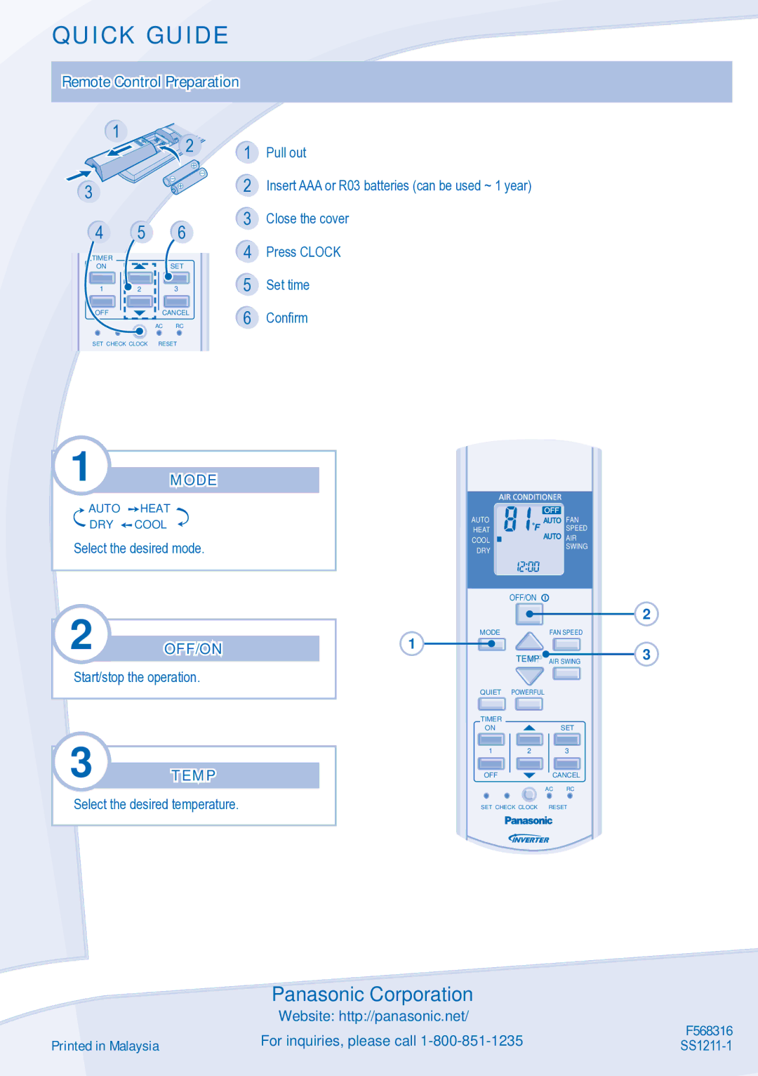 Panasonic CSU-2E18NBU, CU-E12NKUA, CU-E9NKUA, CS-E9NKUAW, CS-E12NKUAW manual Quick Guide, Mode, Off/On, Temp 