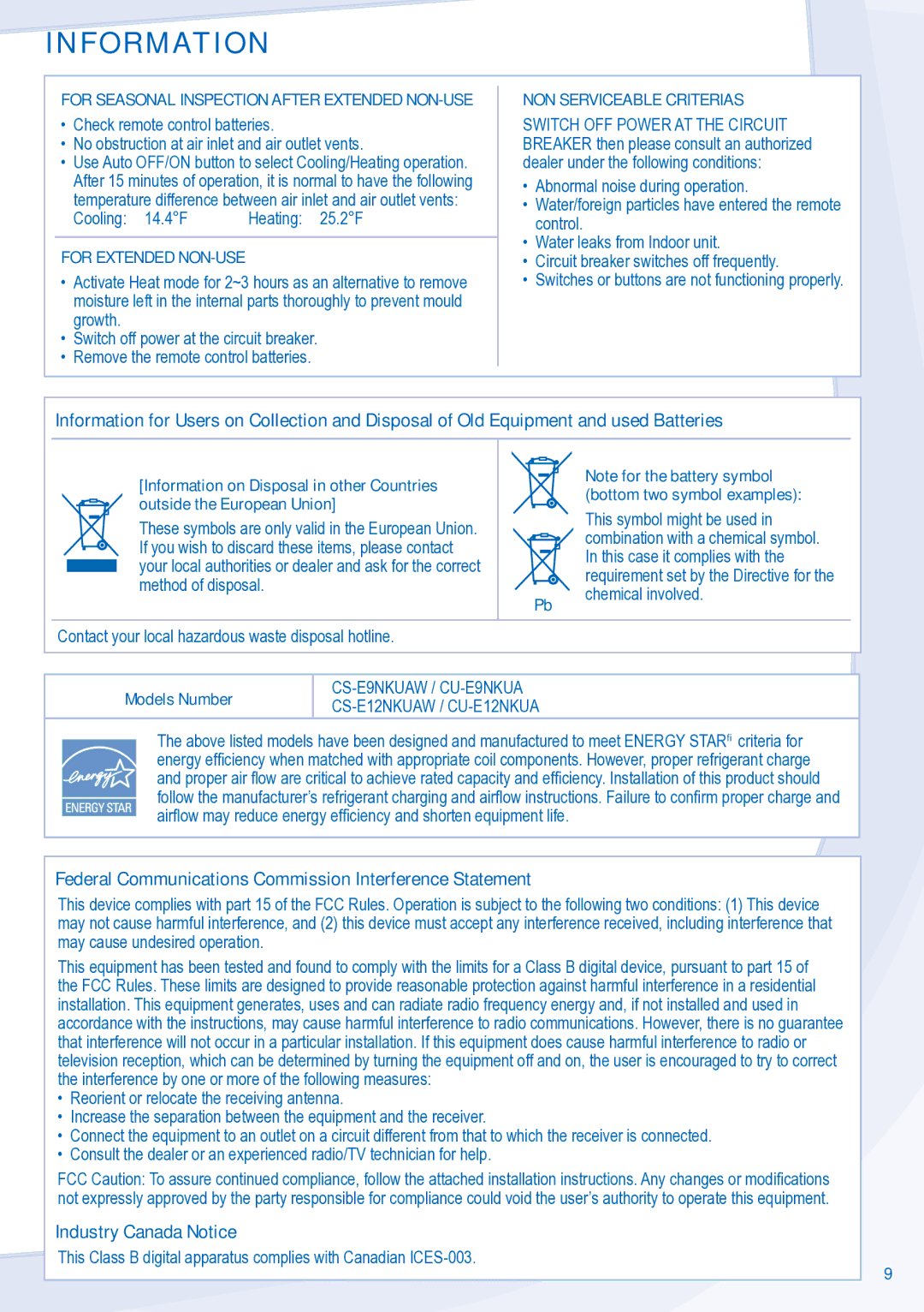 Panasonic CS-E12NKUAW Information, For Seasonal Inspection After Extended NON-USE, For Extended NON-USE, Models Number 