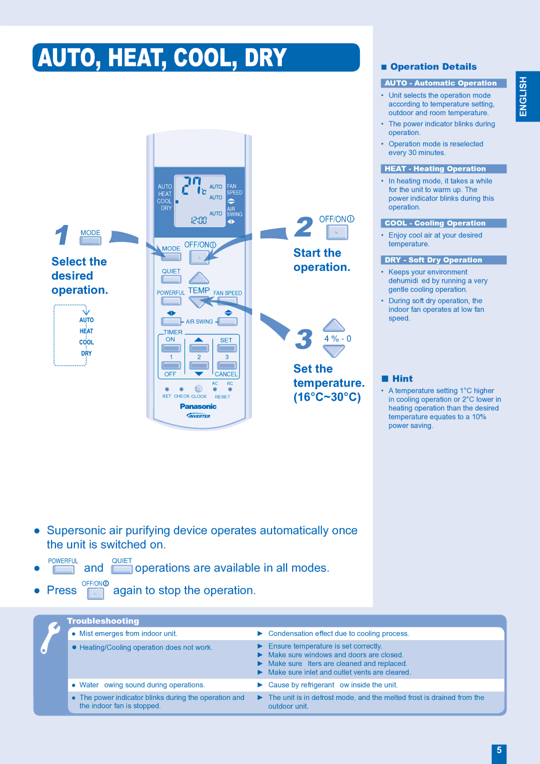 Panasonic CU-E15FKR manual Select Start, Desired Operation, Set, Temperature, 16C~30C 