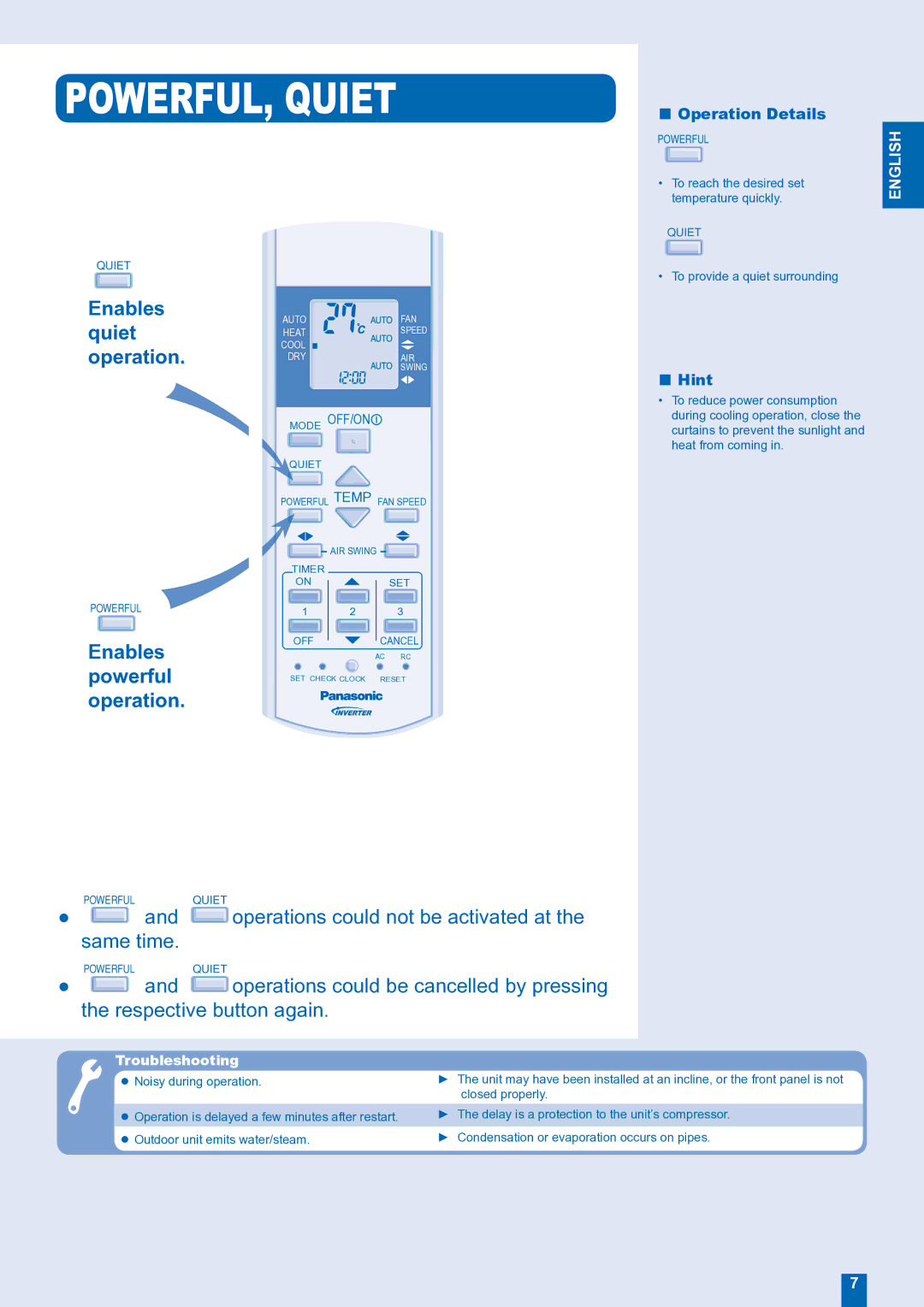 Panasonic CU-E15FKR manual POWERFUL, Quiet, Enables, Powerful 