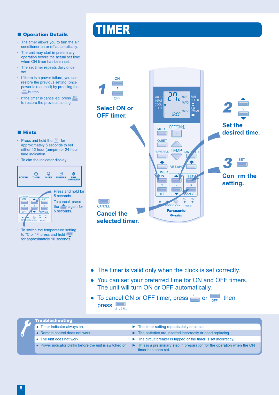 Panasonic CU-E15FKR manual Timer 