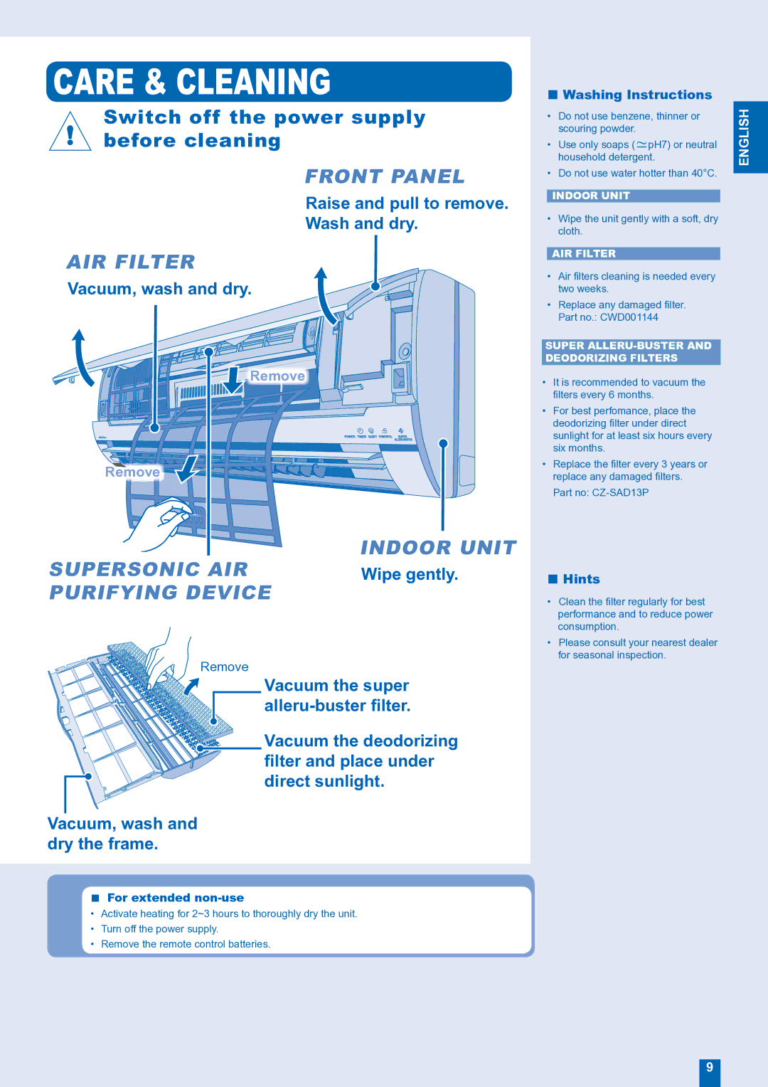 Panasonic CU-E15FKR manual Care & Cleaning, Raise and pull to remove Wash and dry, Vacuum, wash and dry, Wipe gently 