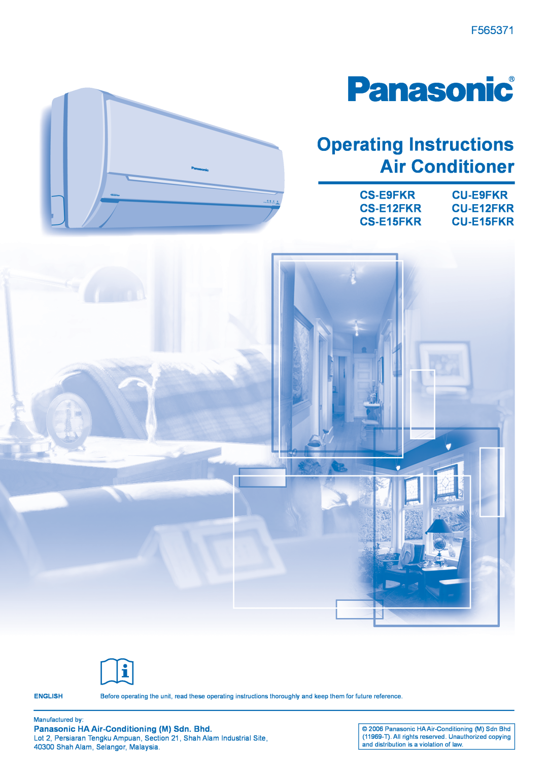 Panasonic CU-E15FKR manual Operating Instructions Air Conditioner, F565371, CS-E9FKR CU-E9FKR CS-E12FKR CU-E12FKR, English 