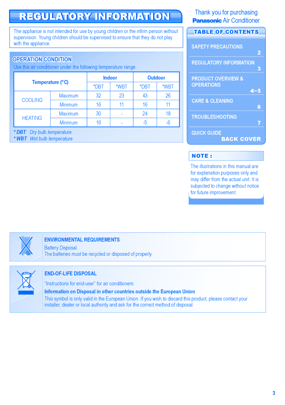 Panasonic CU-E15GKR manual Regulatory Information, Operation Condition, Table of Contents, Environmental Requirements 