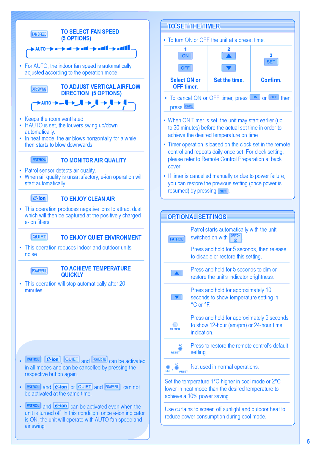 Panasonic CU-E15GKR manual To SET the Timer, Optional Settings 