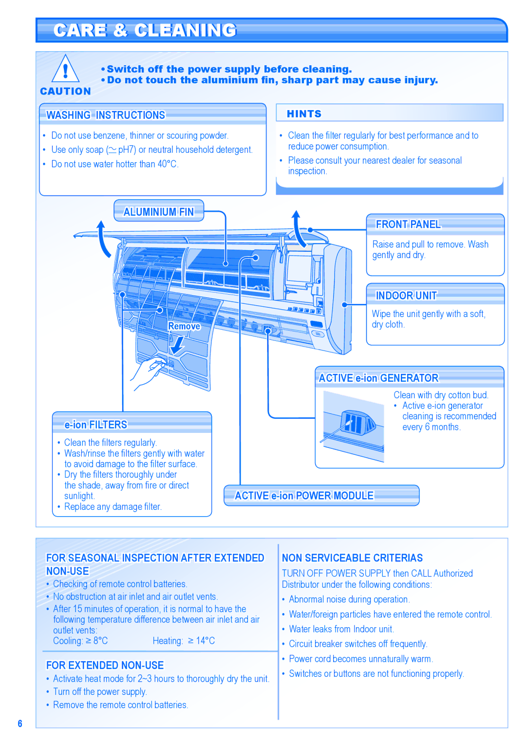 Panasonic CU-E15GKR manual Care & Cleaning 