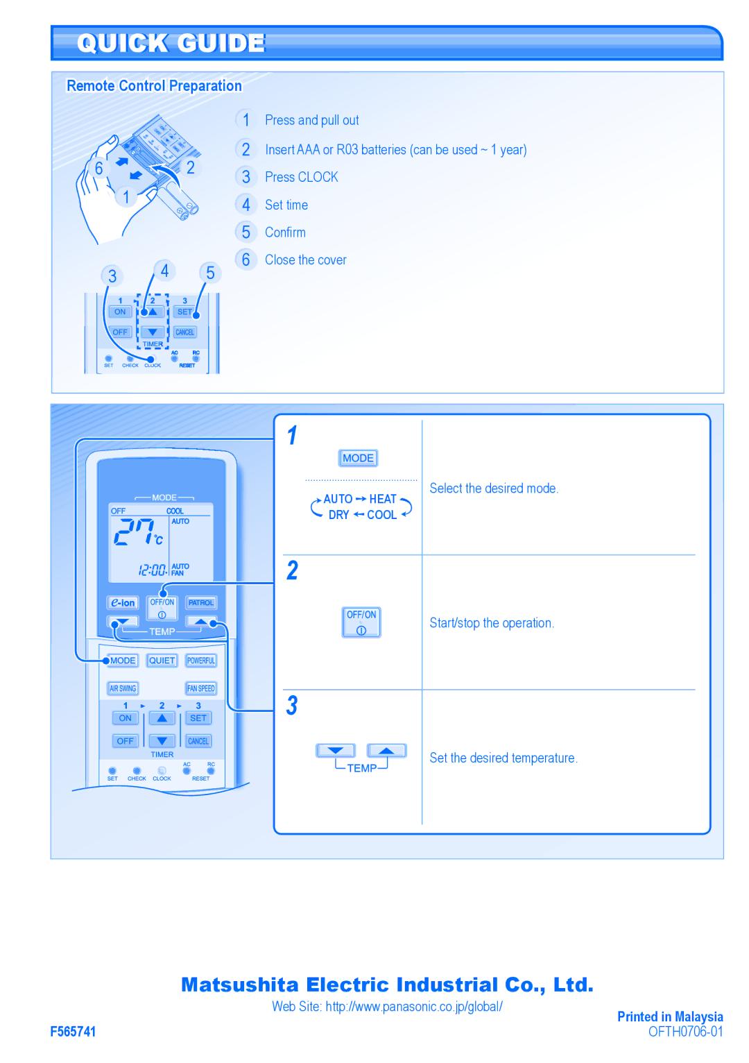 Panasonic CU-E15GKR manual Quick Guide, Remote Control Preparation, Select the desired mode, Start/stop the operation 