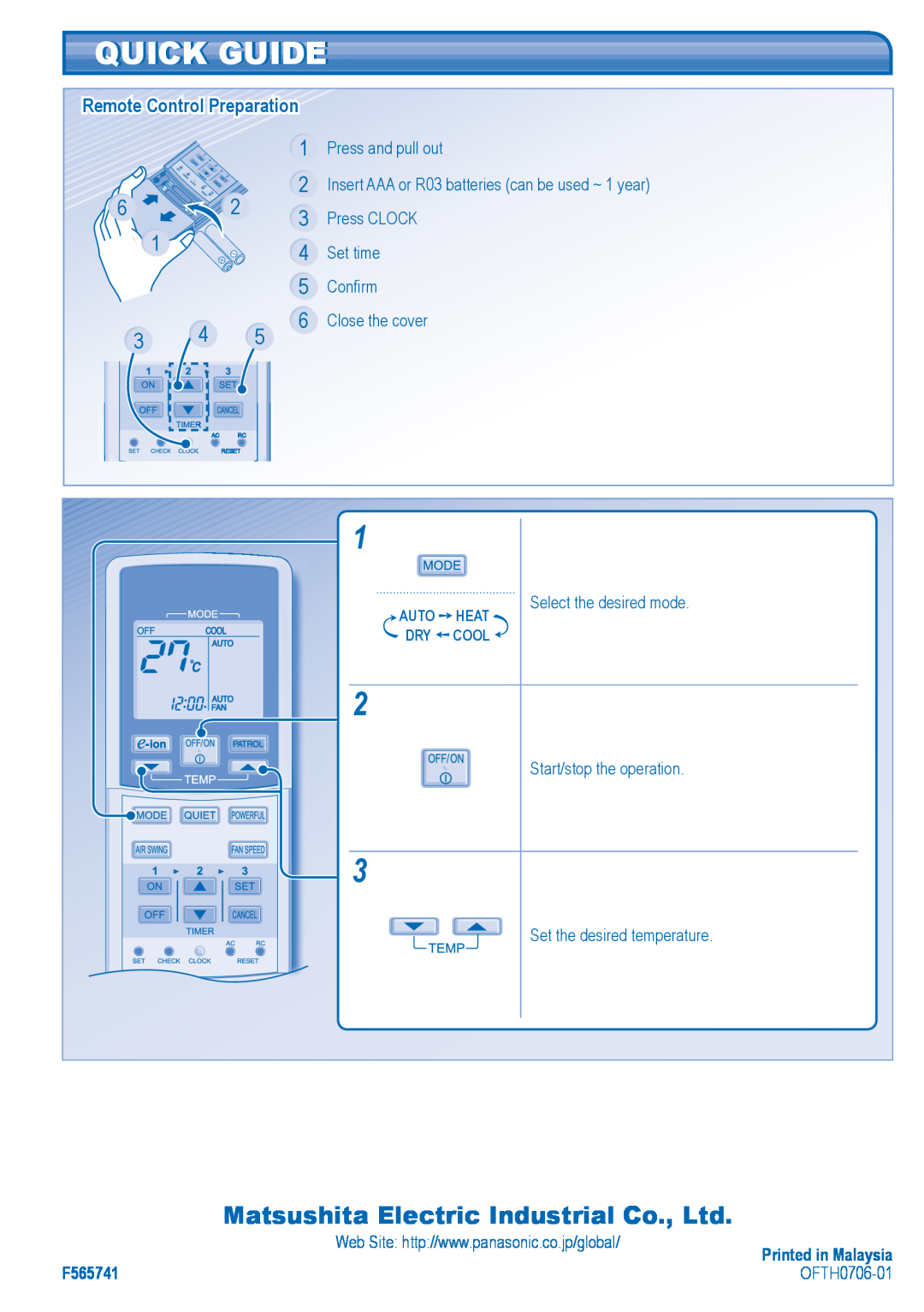 Panasonic CU-E15GKR manual Quick Guide 