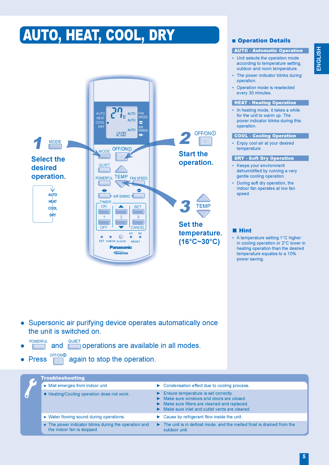 Panasonic CU-E21FKR, CU-E18FKR, CS-E21FKR, CS-E18FKR manual Select Start, Desired Operation, Set, Temperature, 16C~30C 