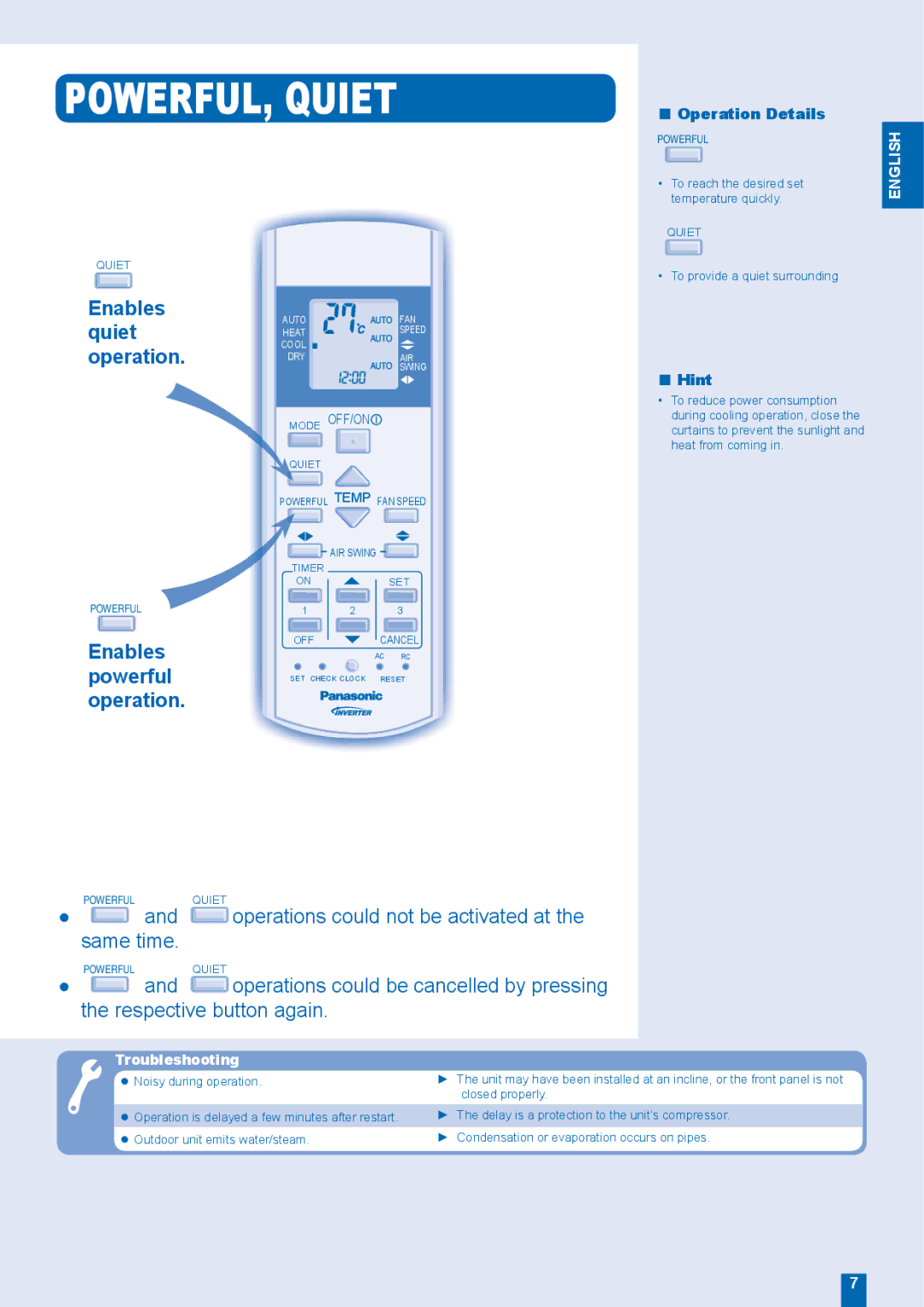 Panasonic CS-E18FKR, CU-E18FKR, CU-E21FKR, CS-E21FKR manual POWERFUL, Quiet, Enables, Powerful 