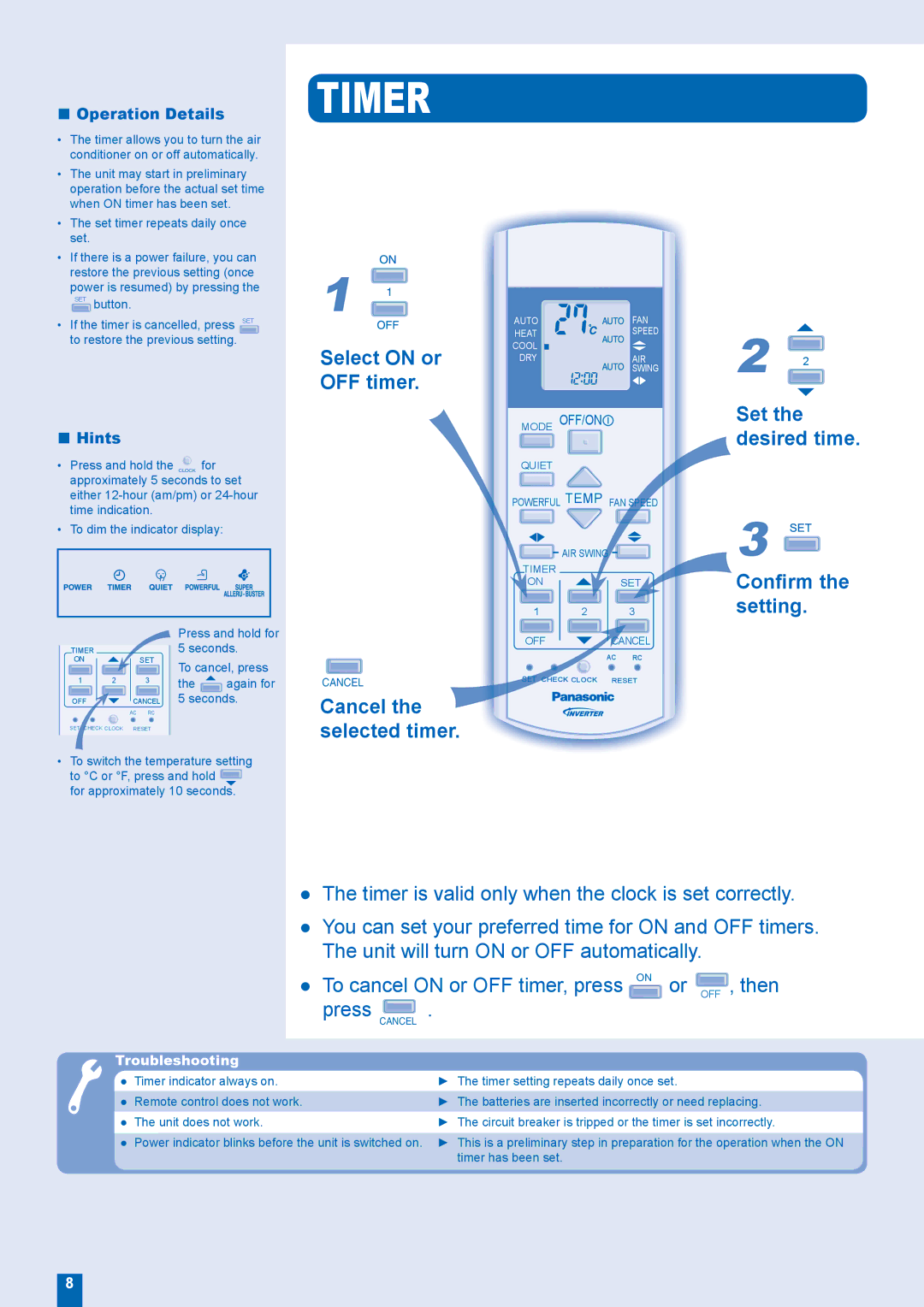 Panasonic CU-E18FKR, CU-E21FKR, CS-E21FKR, CS-E18FKR manual Timer 