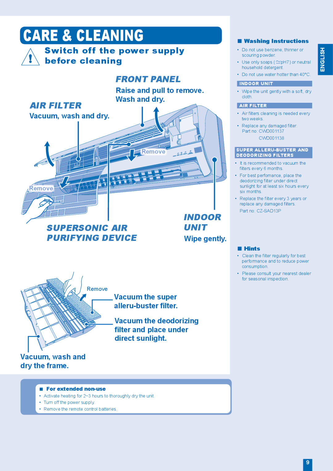 Panasonic CU-E21FKR Care & Cleaning, Vacuum, wash and dry, Raise and pull to remove. Wash and dry, Washing Instructions 