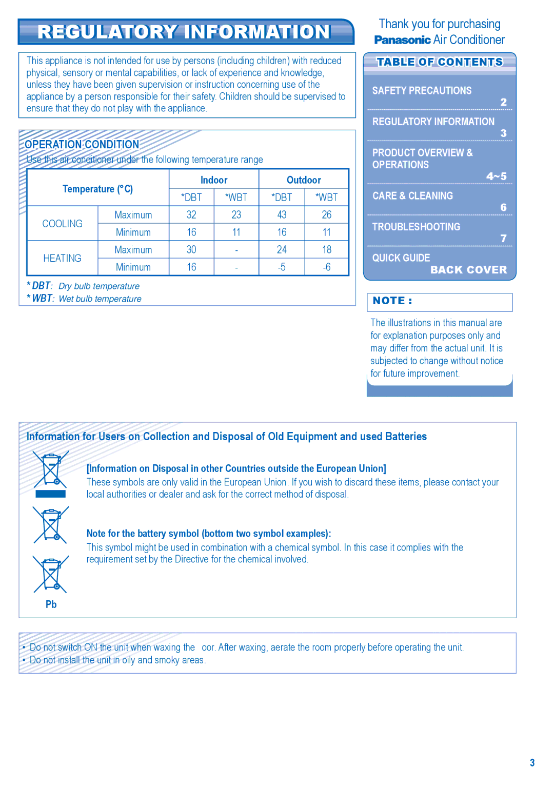 Panasonic CU-E28HKR manual Regulatory Information, Operation Condition, Temperature C Indoor Outdoor, Table of Contents 