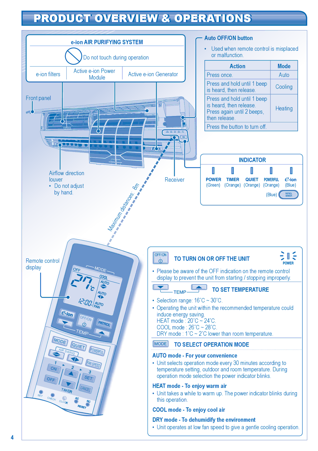 Panasonic CS-E24HKR, CU-E18HKR Product Overview & Operations, Indicator, To Turn on or OFF the Unit, To SET Temperature 