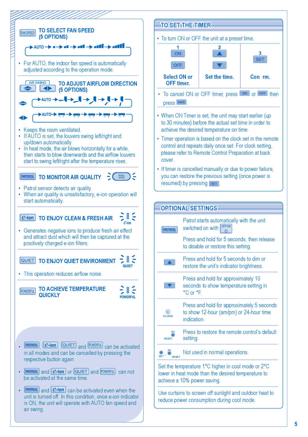 Panasonic CS-E28HKR, CU-E18HKR, CU-E21HKR, CU-E24HKR, CU-E28HKR, CS-E24HKR, CS-E21HKR manual To SET the Timer, Optional Settings 