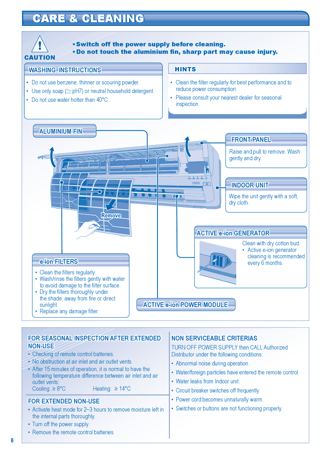 Panasonic CS-E21HKR, CU-E18HKR, CU-E21HKR, CU-E24HKR, CU-E28HKR, CS-E24HKR, CS-E28HKR, CS-E18HKR manual Care & Cleaning 