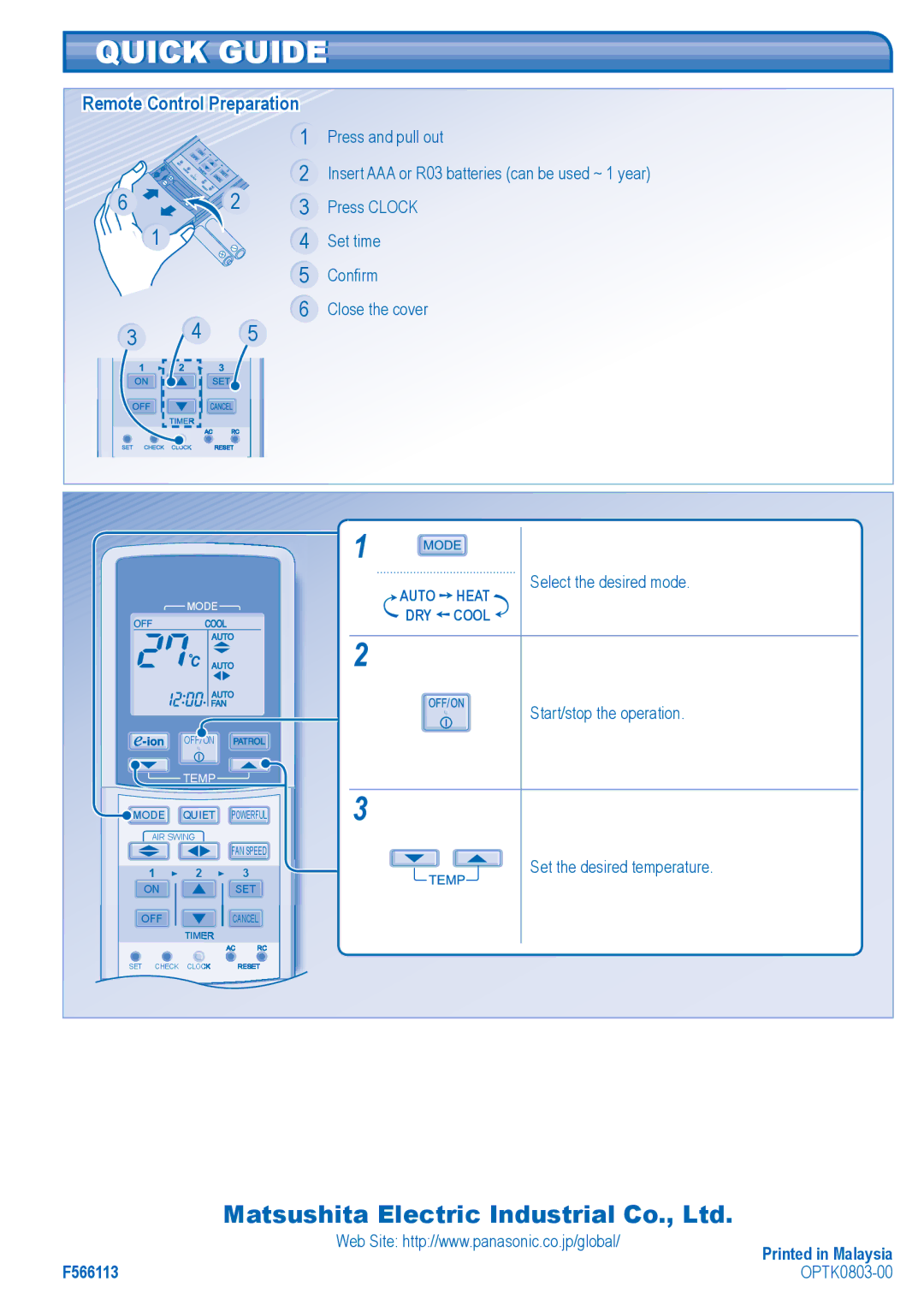 Panasonic CU-E18HKR, CU-E21HKR, CU-E24HKR, CU-E28HKR, CS-E24HKR, CS-E28HKR, CS-E21HKR Quick Guide, Remote Control Preparation 