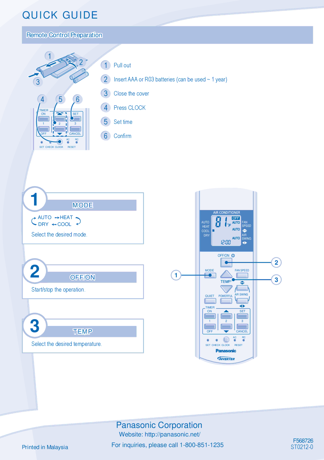 Panasonic CU-E18NKUA, CU-E24NKUA, CS-E24NKUA, CS-E18NKUA manual Quick Guide, Mode, Off/On, Temp 