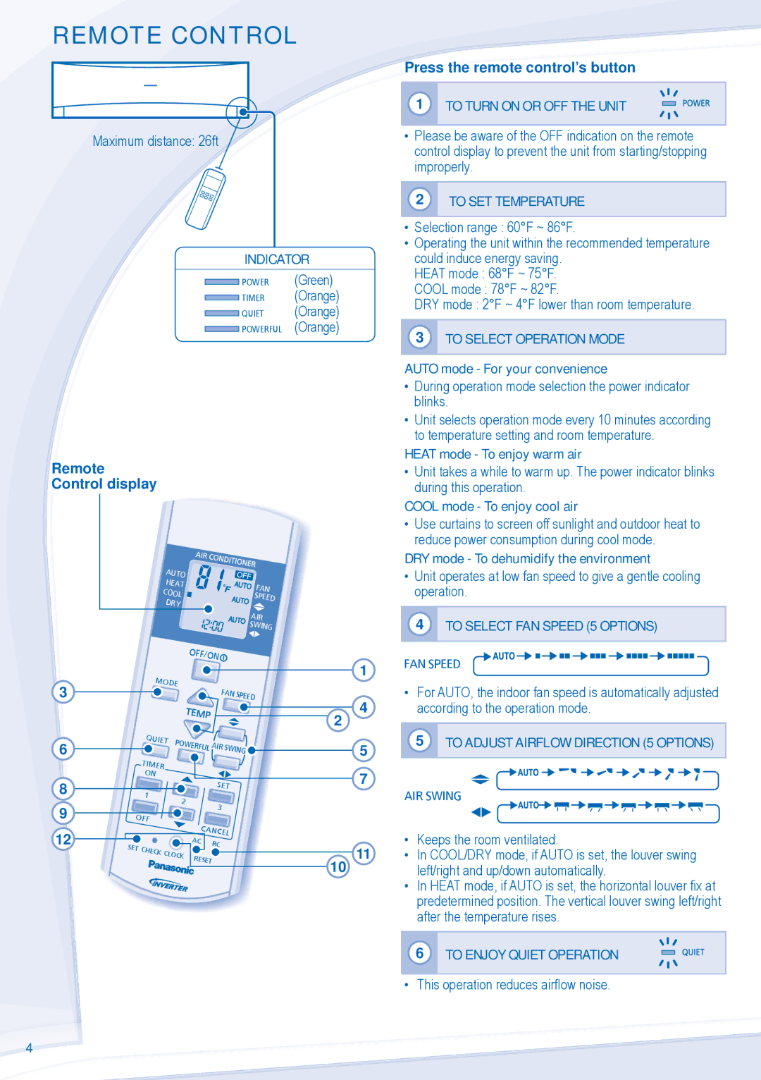 Panasonic CU-E18NKUA, CU-E24NKUA, CS-E24NKUA, CS-E18NKUA manual Remote Control 