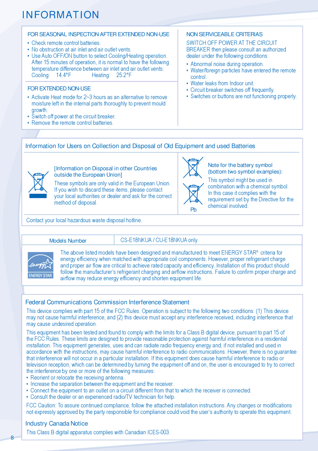 Panasonic CU-E18NKUA Information, For Seasonal Inspection After Extended NON-USE, For Extended NON-USE, Models Number 