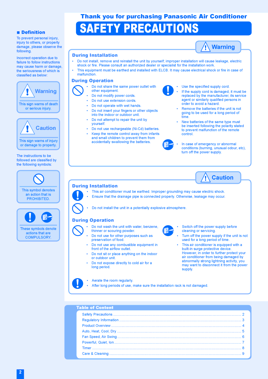 Panasonic CS-E24EKRS, CU-E28EKR manual Safety Precautions, Thank you for purchasing Panasonic Air Conditioner, Definition 