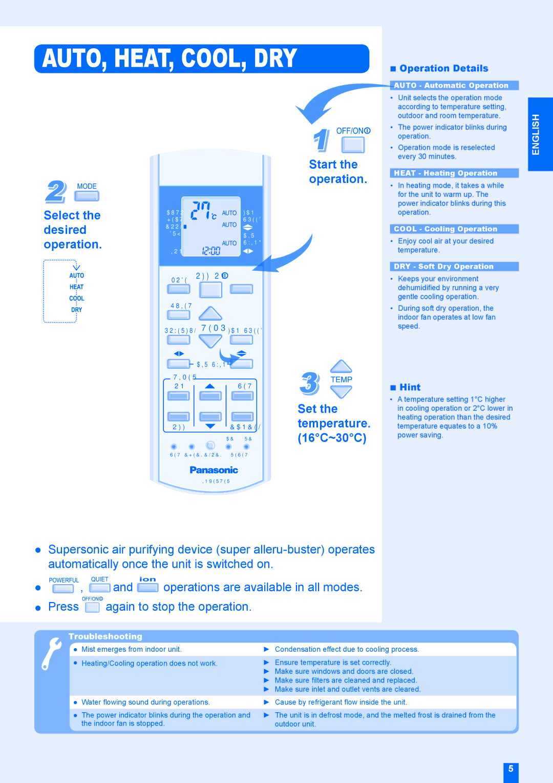 Panasonic CU-E24EKR, CU-E28EKR, CS-E24EKRS, CS-E28EKR manual Start, Operation, Select, Desired, Set, Temperature, 16C~30C 