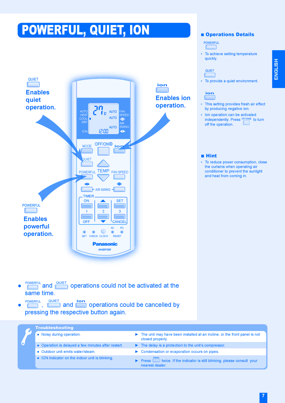 Panasonic CS-E28EKR manual Powerful, Quiet, Ion, Enables quiet operation Enables powerful operation, Enables ion operation 