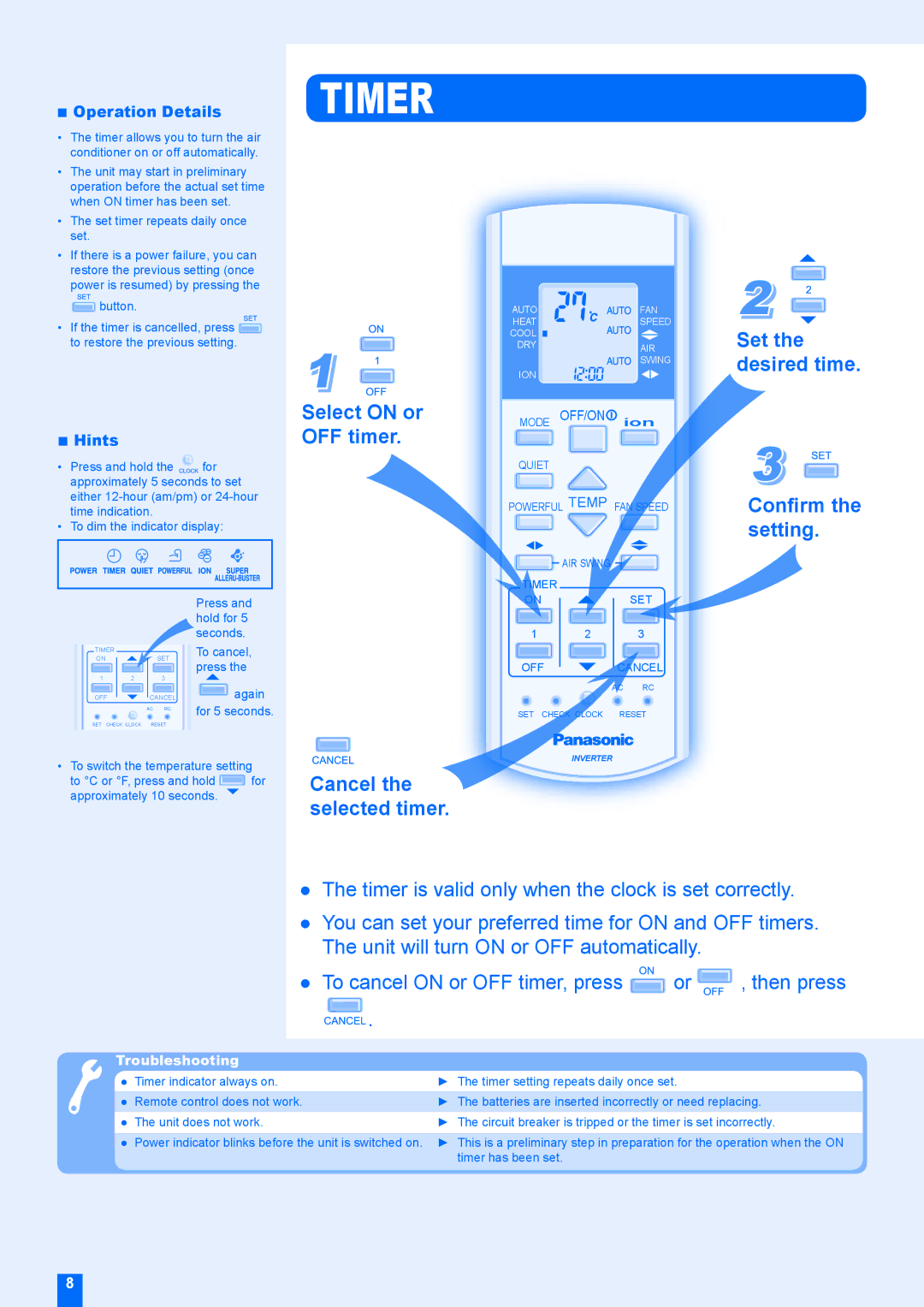 Panasonic CU-E28EKR Timer, Select on or OFF timer, Set the desired time Conﬁrm the setting, Cancel the selected timer 