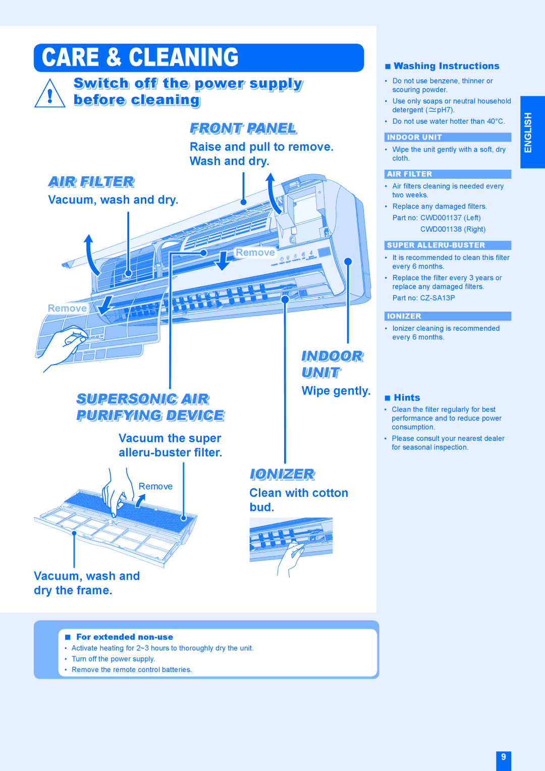 Panasonic CU-E24EKR Care & Cleaning, Raise and pull to remove Wash and dry, Vacuum, wash and dry, Washing Instructions 