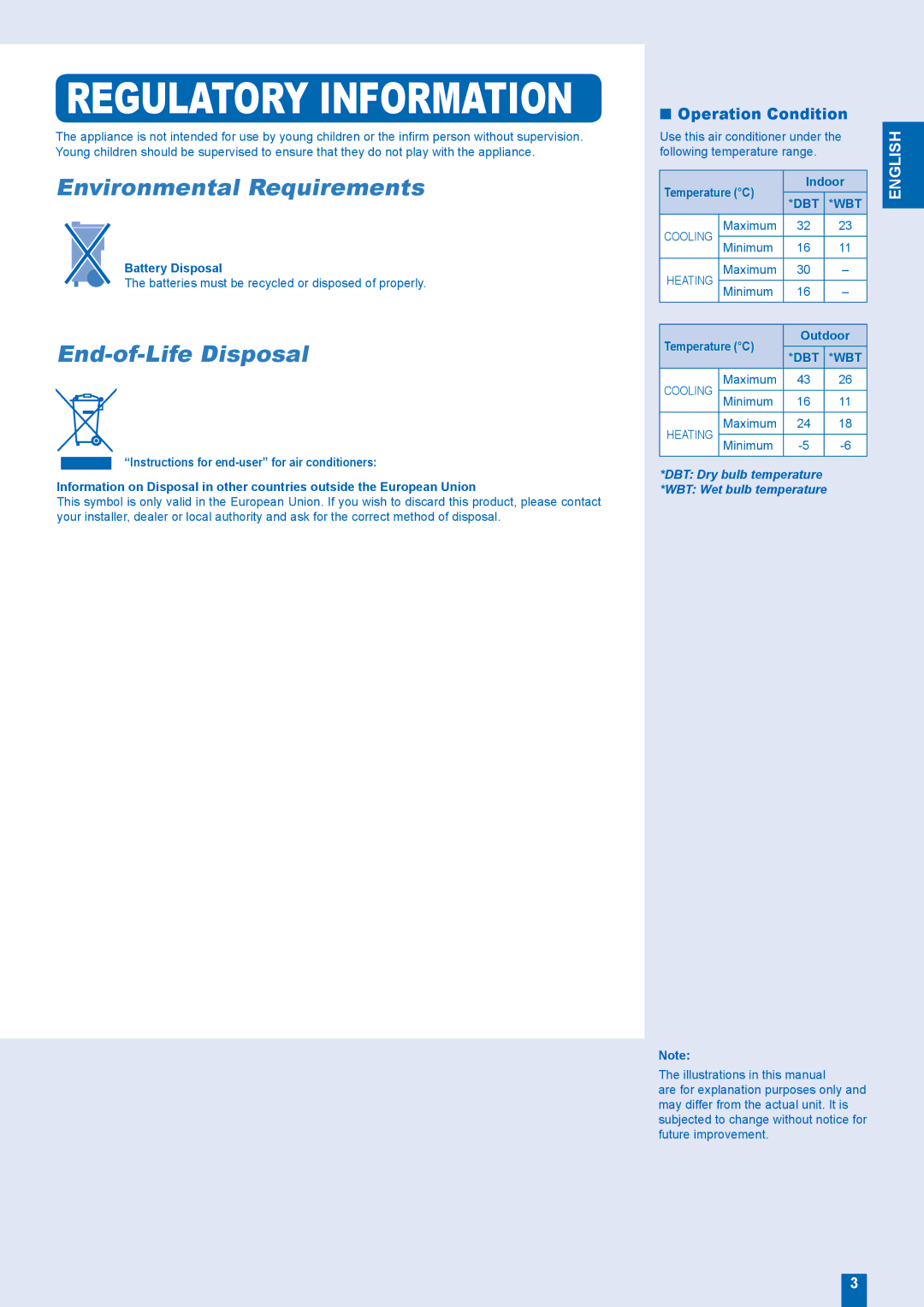 Panasonic CS-E28FKR, CU-E28FKR, CU-E24FKR, CS-E24FKR operating instructions Regulatory Information, Operation Condition 