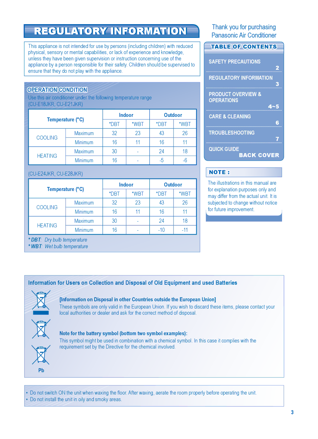 Panasonic CU-E24JKR, CU-E28JKR Regulatory Information, Operation Condition, Temperature C Indoor Outdoor, Maximum Minimum 