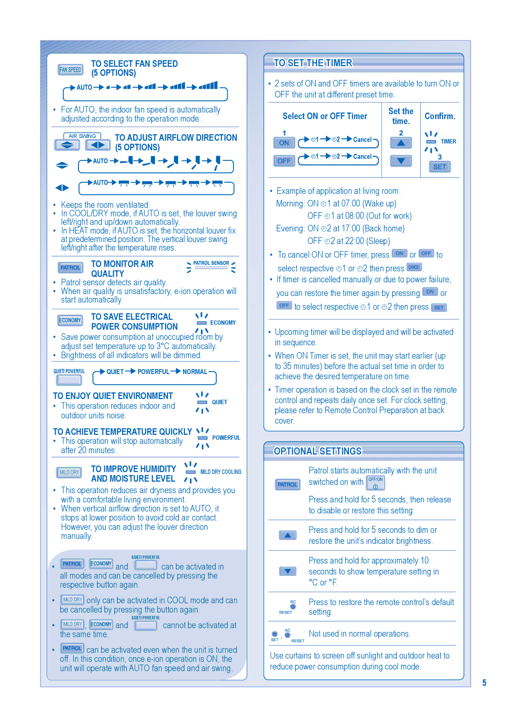 Panasonic CS-E28JKR, CU-E28JKR, CU-E21JKR, CU-E18JKR, CU-E24JKR, CS-E21JKR, CS-E24JKR manual To SET the Timer, Optional Settings 