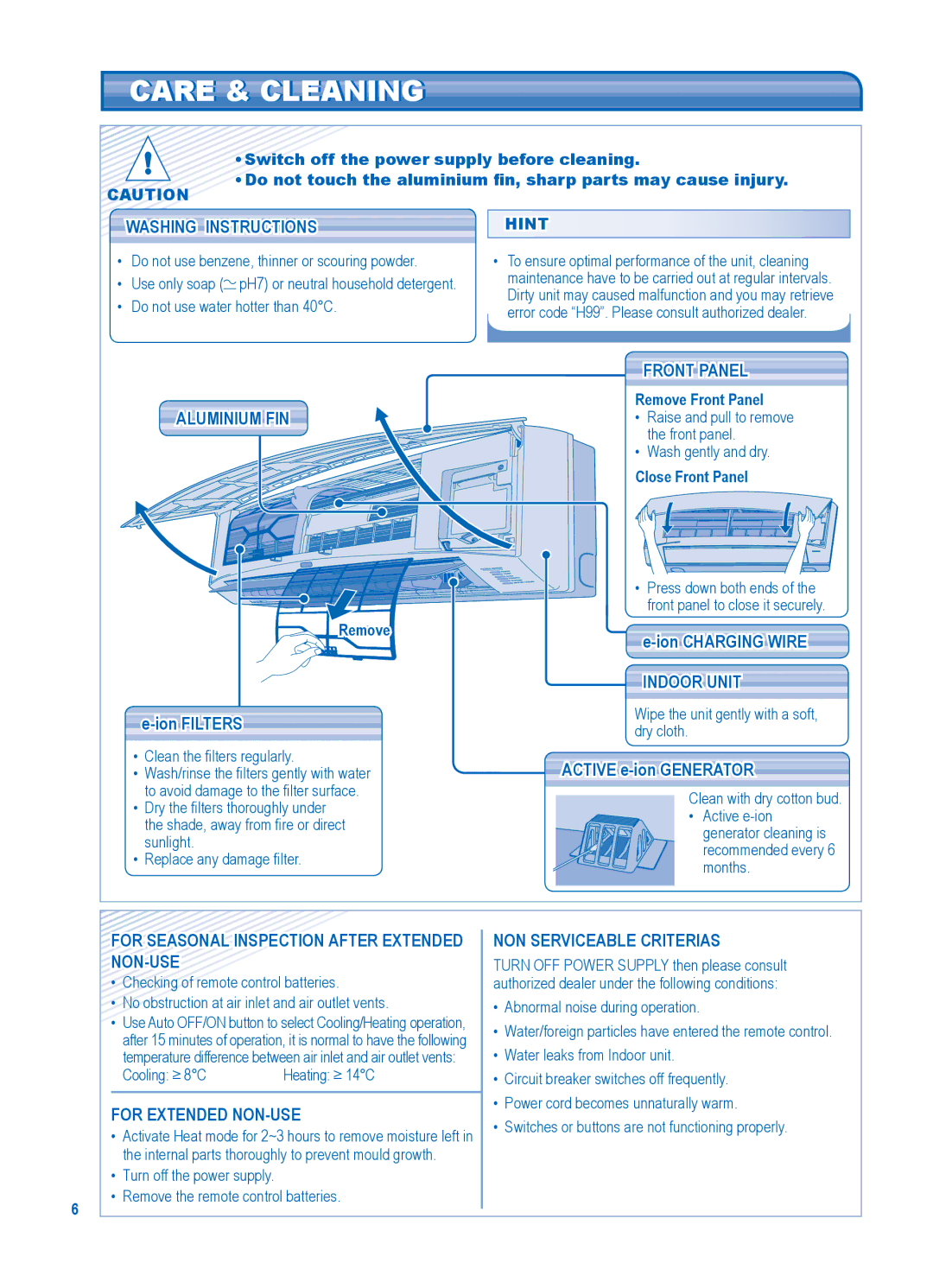 Panasonic CS-E24JKR, CU-E28JKR, CU-E21JKR, CU-E18JKR, CU-E24JKR, CS-E21JKR, CS-E28JKR, CS-E18JKR manual Care & Cleaning 