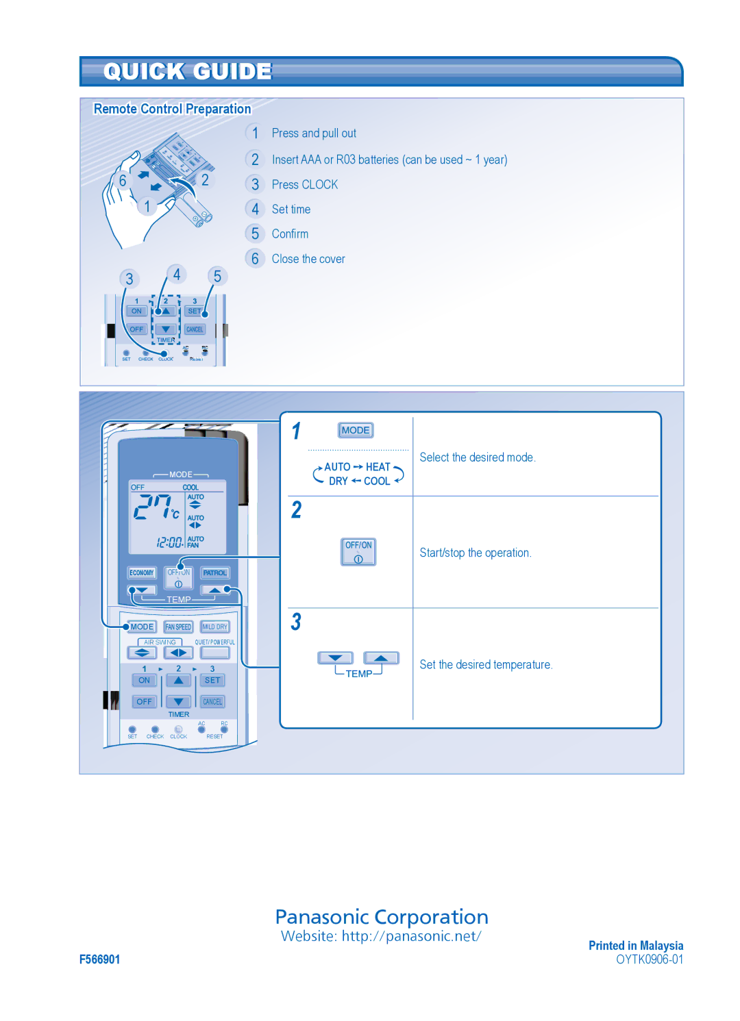 Panasonic CU-E28JKR, CU-E21JKR Quick Guide, Remote Control Preparation, Select the desired mode, Start/stop the operation 