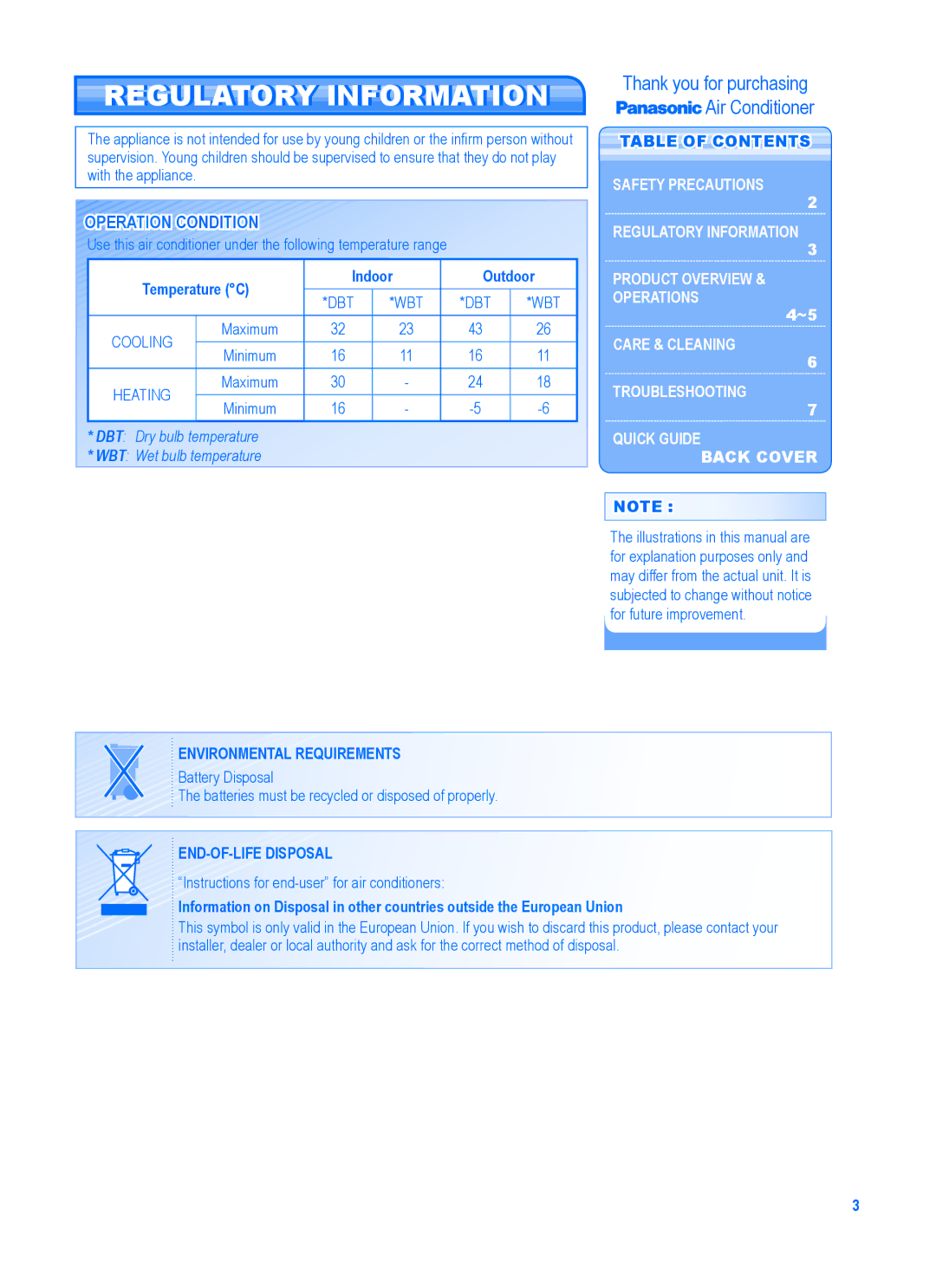 Panasonic CS-E9GKR, CU-E9GKR Regulatory Information, Operation Condition, Table of Contents, Environmental Requirements 