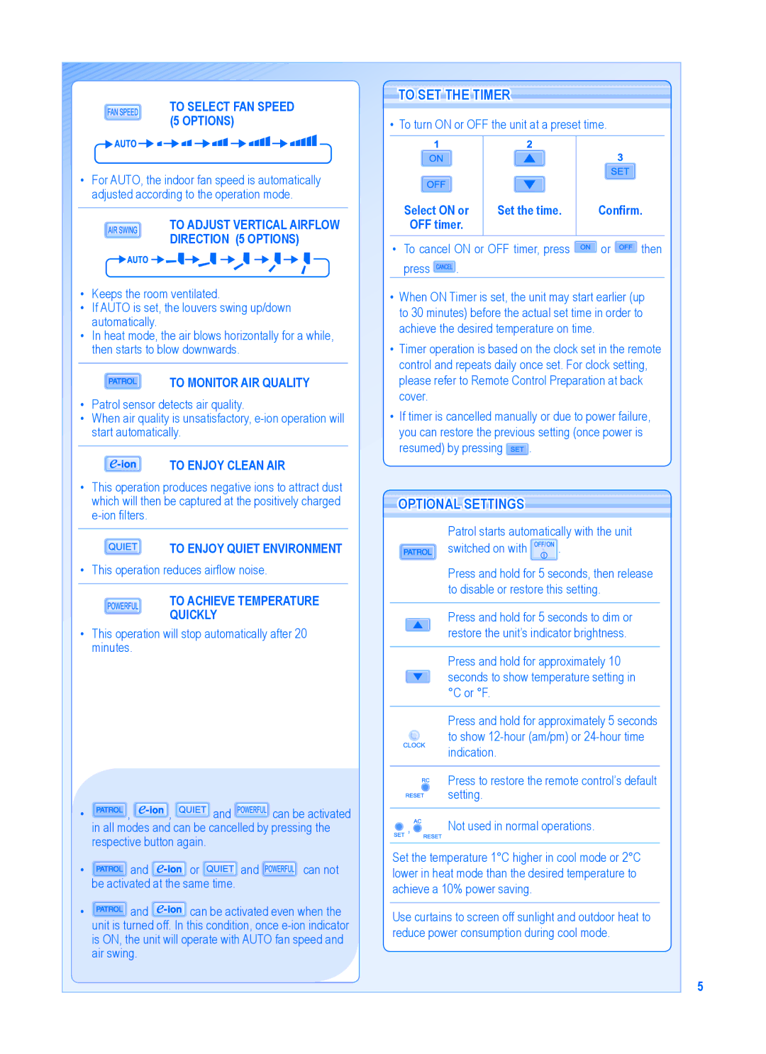 Panasonic CU-E9GKR, CU-E12GKR, CU-E7GKR, CS-E9GKR, CS-E7GKR manual To SET the Timer, Optional Settings 