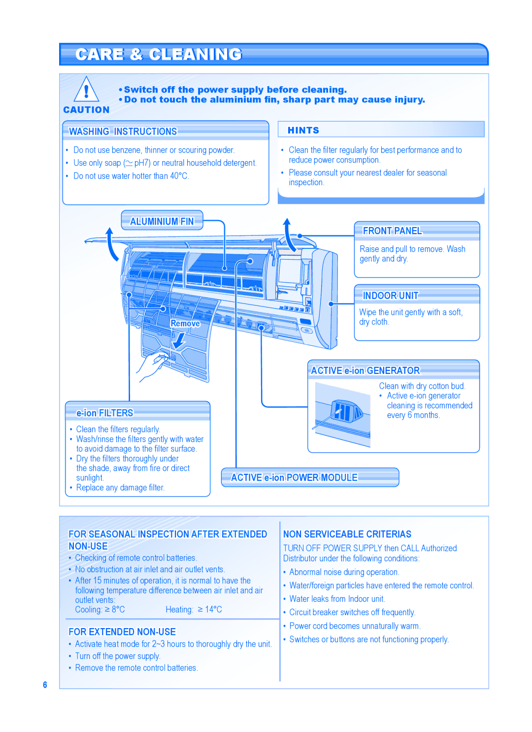 Panasonic CU-E12GKR, CU-E9GKR, CU-E7GKR, CS-E9GKR, CS-E7GKR manual Care & Cleaning 