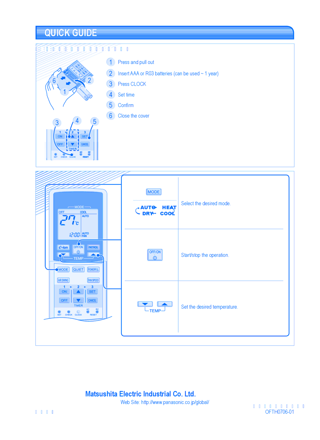 Panasonic CS-E9GKR, CU-E9GKR Quick Guide, Remote Control Preparation, Select the desired mode, Start/stop the operation 