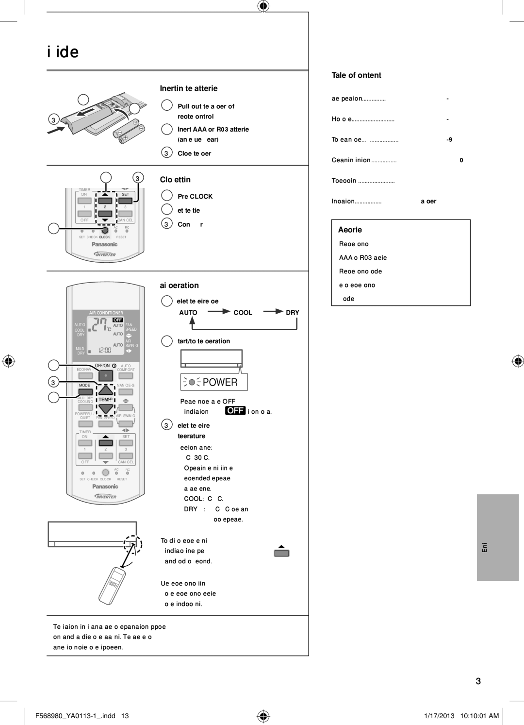 Panasonic CU-K24PKF, CU-K18PKF Quick guide, Inserting the batteries, Accessories, Basic operation, Table of contents 