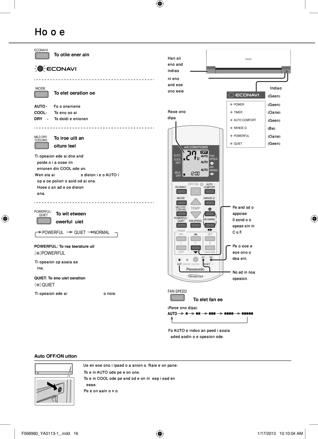 Panasonic CU-K18PKF How to use, Mild DRY To improve humidity, Moisture level, Auto OFF/ON button To select fan speed 