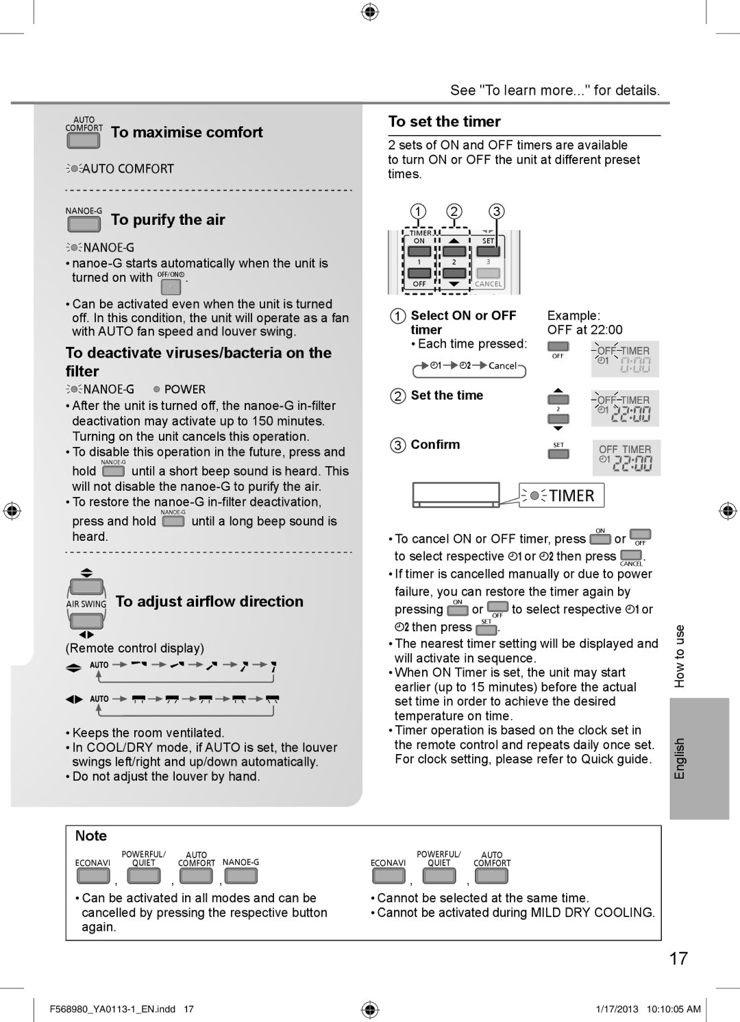 Panasonic CU-K24PKF Comfort To maximise comfort, NANOE-GTo purify the air, To deactivate viruses/bacteria on the ﬁlter 