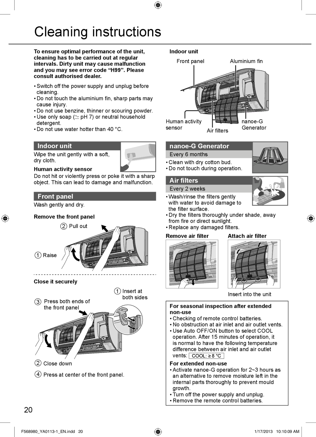 Panasonic CU-K18PKF, CU-K24PKF, CS-K24PKF Cleaning instructions, Indoor unit, Nanoe-G Generator, Air ﬁlters, Front panel 